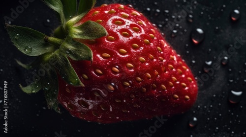 fresh strawberry with water drop splashes on black, close up shot