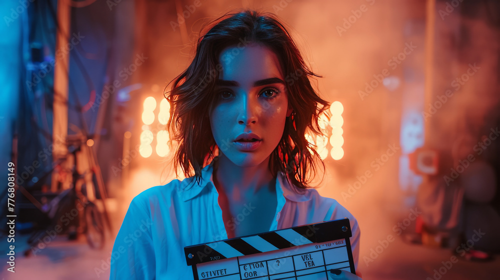 Obraz premium Captivating woman in cinematic studio, blue-orange palette, dynamic lighting.generative ai