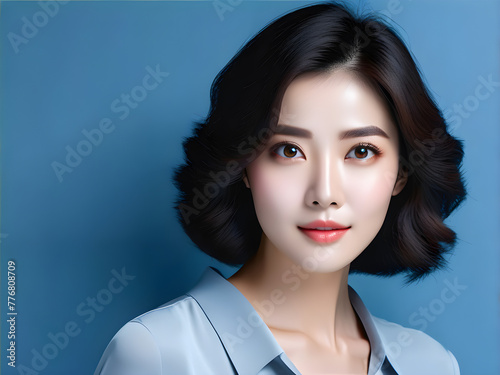 Serenity in Blue: Exquisite Asian Female Models on Blue Background(Generative AI)