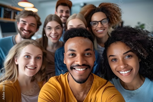 Multicultural happy people taking group selfie portrait in the office, diverse people celebrating together, Happy lifestyle and teamwork concept 