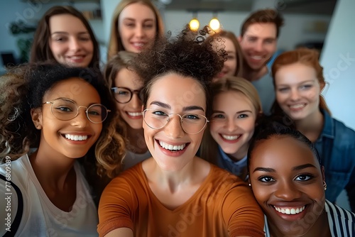 Multicultural happy people taking group selfie portrait in the office  diverse people celebrating together  Happy lifestyle and teamwork concept  