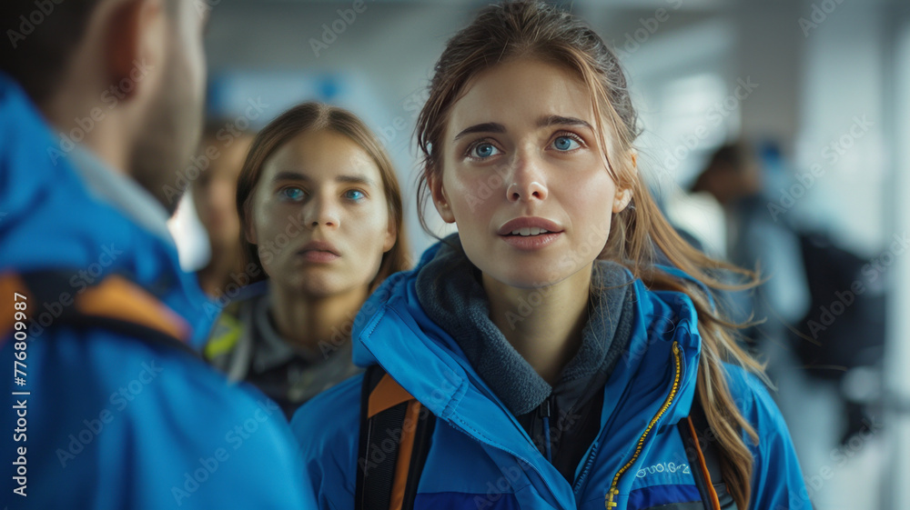 a white volunteer portrait wearing blue jacket tutoring people in front of a screen, talking to people,ganerative ai a white volunteer portrait wearing blue jacket tutoring people in front of a screen, talking to people,ganerative ai