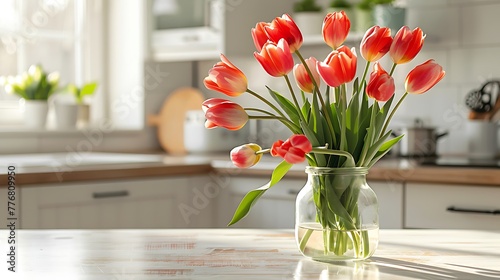 Jar with tulips on table in light kitchen