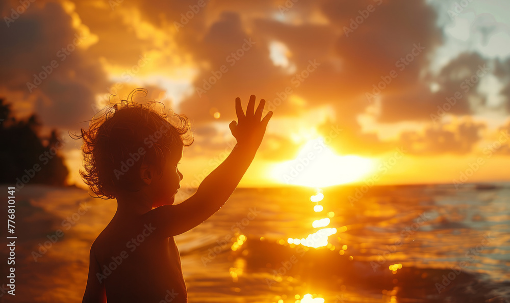golden-hour scene capturing the silhouette of a child waving their hand against the backdrop of a breathtaking sunset,generative ai