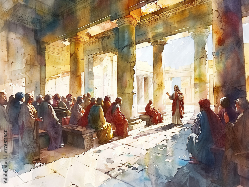 Jesus Preaching to the Gathered Crowd in Ancient Ruins Watercolor Painting Jesus Preaching to the Gathered Crowd in Ancient Ruins Watercolor Painting