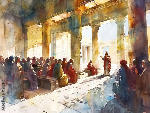 Jesus Preaching to the Gathered Crowd in Ancient Ruins Watercolor Painting