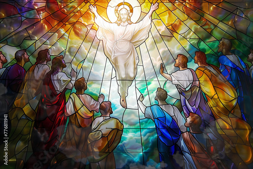 Ascension of Jesus Christ Stained Glass Illustration with Disciples Watching in Awe