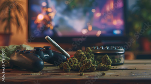 Video games and cannabis. Video game controller, big joint and grinder with marijuana buds on wooden table. Blur background of tv with video game. Generative Ai
