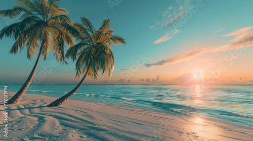 Gorgeous seascape with an empty resort beach at sunset with palm trees and long evening shadows. Nobody. Copy space. Background, wallpaper. © alisluch