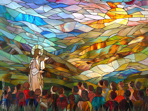 Stained Glass Art of Jesus Delivering the Beatitudes to a Multitude at Sunset