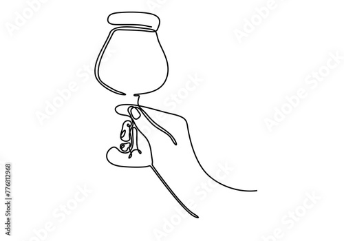 Continuous line drawing of hand that holding wine. This illustration is made in minimalism style. Perfect as a wall art decoration.
