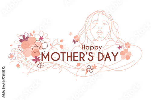 happy mother's day  card with woman and flowers in beige color, poster, decoration, vector illustration