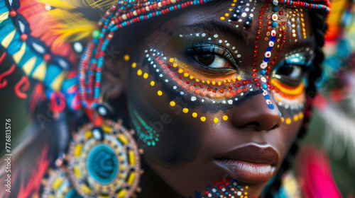 In a closeup shot a black womans face is partially obscured by a vibrant and intricate tribalinspired face paint. Her hair is adorned with ornate beads and feathers adding to the overall . © Justlight