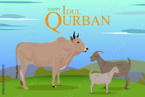 vector holiday islamic idul adha qurban cow goats farm in green field light blue day  photo
