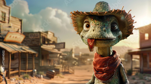 Comic Character Mr. Rango portrait in cowboy style. cute little cowboy dinosaur in vintage American village
 photo