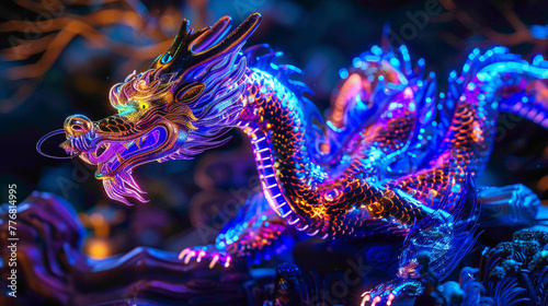 Fire asian dragon vertical. Fire Asian dragon on the dark background. Digital painting.
