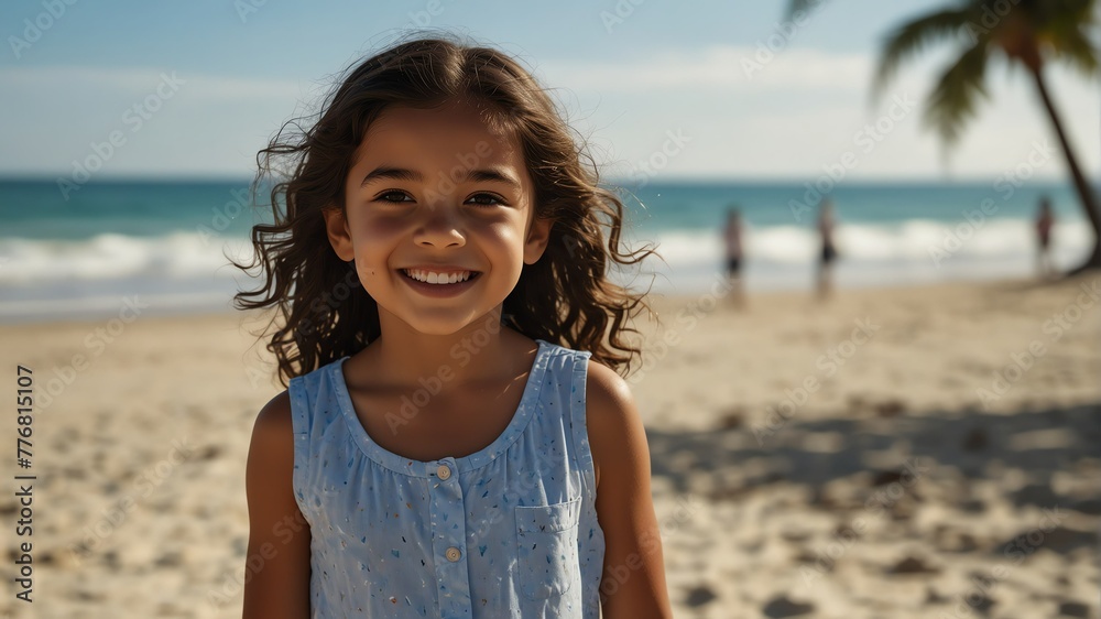 kid child hispanic girl on bright summer beach vacation background smiling happy looking at camera with copy space for banner backdrop from Generative AI kid child hispanic girl on bright summer beach vacation background smiling happy looking at camera with copy space for banner backdrop from Generative AI