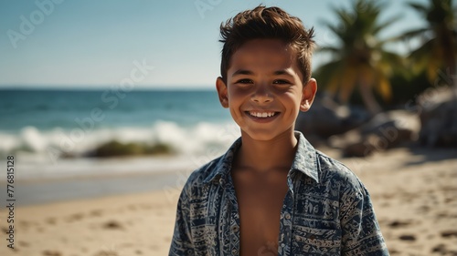 kid child indigenous boy on bright summer beach vacation background smiling happy looking at camera with copy space for banner backdrop from Generative AI