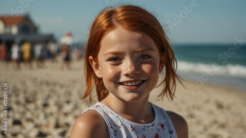 kid child red head girl on bright summer beach vacation background smiling happy looking at camera with copy space for banner backdrop from Generative AI