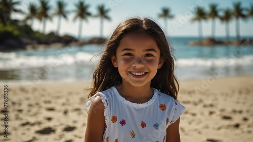 kid child pacific islander girl on bright summer beach vacation background smiling happy looking at camera with copy space for banner backdrop from Generative AI photo