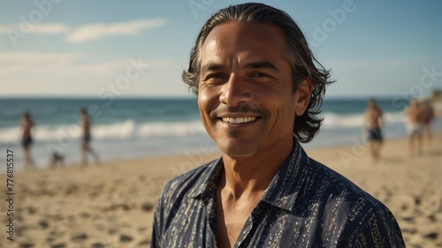 middle aged indigenous man on bright summer beach vacation background smiling happy looking at camera with copy space for banner backdrop from Generative AI