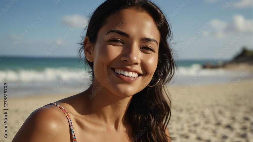 middle aged pacific islander woman on bright summer beach vacation background smiling happy looking at camera with copy space for banner backdrop from Generative AI middle aged pacific islander woman on bright summer beach vacation background smiling happy looking at camera with copy space for banner backdrop from Generative AI