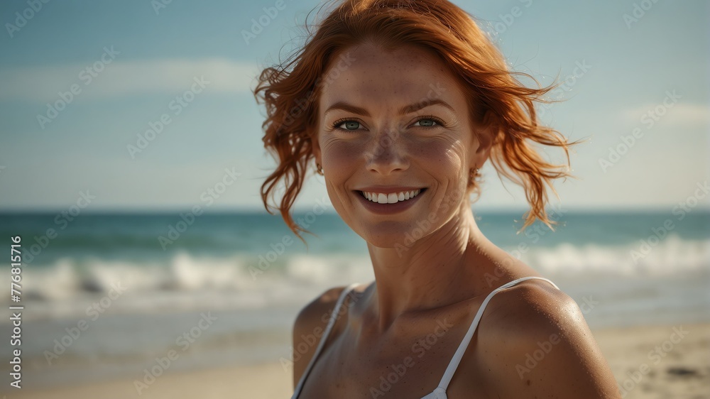 middle aged red head woman on bright summer beach vacation background smiling happy looking at camera with copy space for banner backdrop from Generative AI middle aged red head woman on bright summer beach vacation background smiling happy looking at camera with copy space for banner backdrop from Generative AI