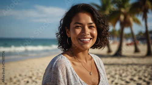 middle aged pacific islander woman on bright summer beach vacation background smiling happy looking at camera with copy space for banner backdrop from Generative AI