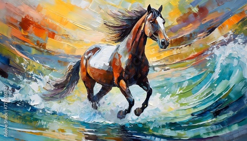 Abstract oil painting, running horse on water, color splash fro the water, mural, art wall. photo