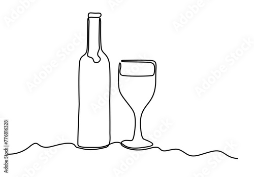 Continuous one line drawing of champagne bottle and glasses. Concept of cheers, toast, holiday in line art style. Illustration on white background
