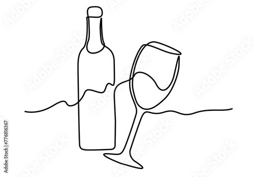 Continuous one line drawing of champagne bottle and glasses. Concept of cheers, toast, holiday in line art style. Illustration on white background