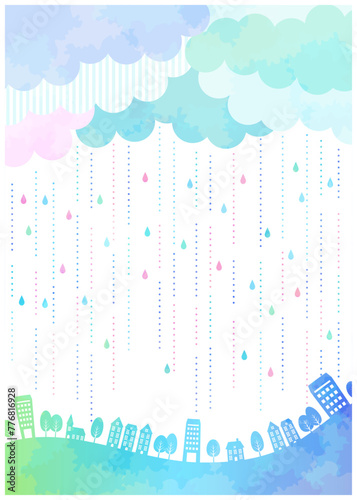 梅雨、背景、シルエット、水彩、街並み、かわいい、イラスト、縦型、虹色