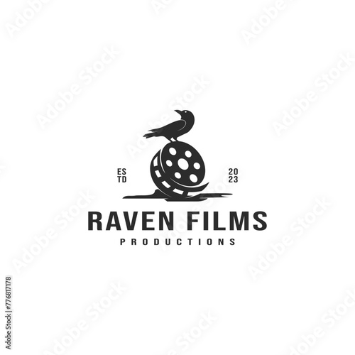 film roll vintage logo design with raven vector illustration