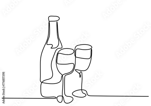 Continuous one line drawing of champagne bottle and glasses. Concept of cheers, toast, holiday in line art style. Illustration on white background