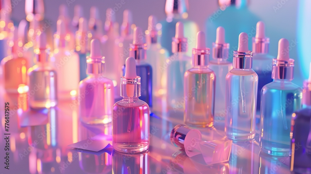 Image: Tubes with liquid in various bottles and containers, including perfume, nail polish, and cosmetics, isolated on white Image: Tubes with liquid in various bottles and containers, including perfume, nail polish, and cosmetics, isolated on white