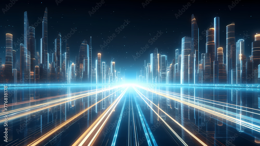 3D rendering of abstract highway path through city digital binary towers 3D rendering of abstract highway path through city digital binary towers
