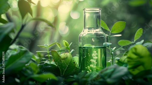 A green chemical vessel filled with liquid, surrounded by verdant leaves and twining vines