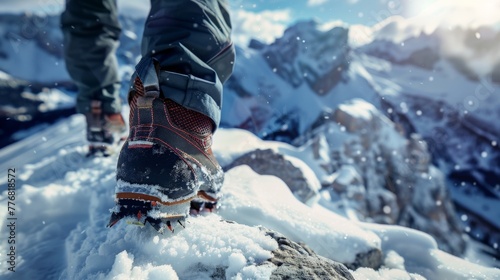 close-up on the boots of a mountain climber on a snow covered mountain peak photo