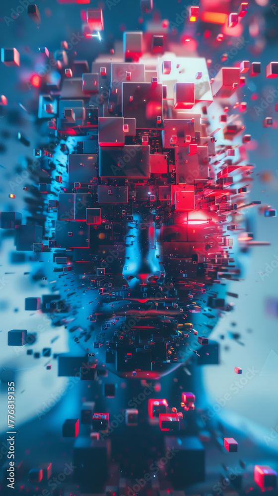 Abstract digital art of an AI head with glowing red and blue cubes, symbolizing artificial intelligence technology in a futuristic background Abstract digital art of an AI head with glowing red and blue cubes, symbolizing artificial intelligence technology in a futuristic background