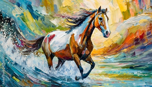 Abstract oil painting, running horse on water, color splash fro the water, mural, art wall. © Mena Mamdouh