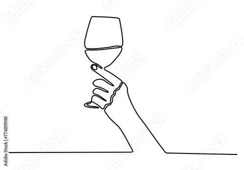 Continuous line drawing of hand that holding wine. This illustration is made in minimalism style. Perfect as a wall art decoration.