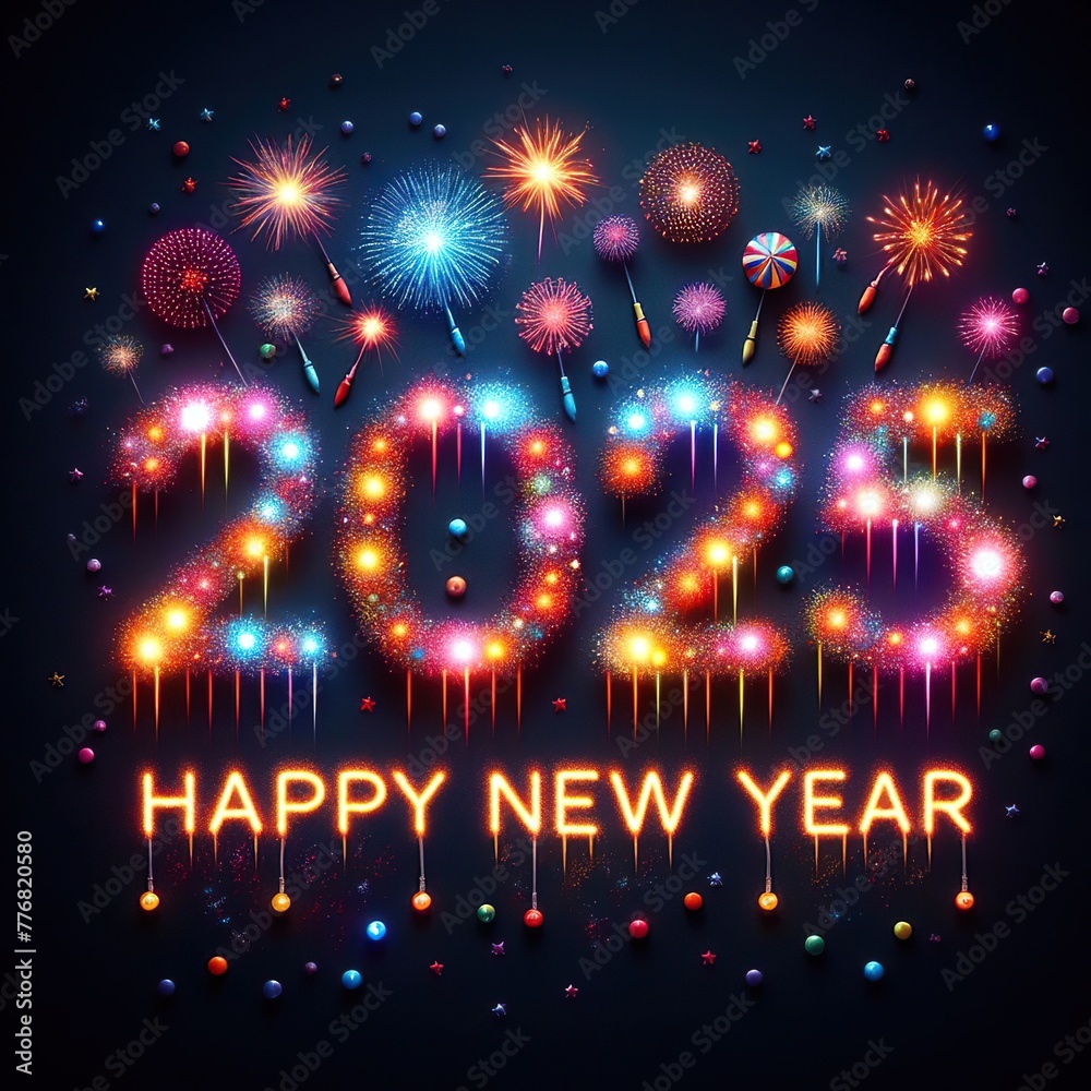 2025 text using only colorful fireworks and caption HAPPY NEW YEAR 