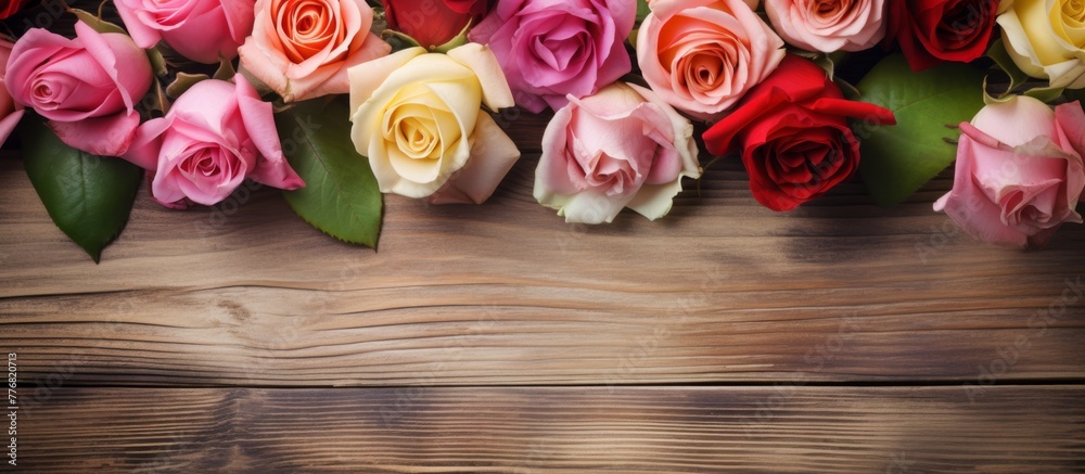 Several vibrant roses showcased on a rustic wooden table surface in a captivating display