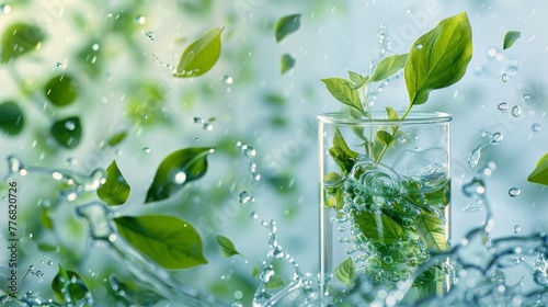 A visual representation of the Green Corporations legend, featuring green leaves and plants swirling dynamically in a beaker of water