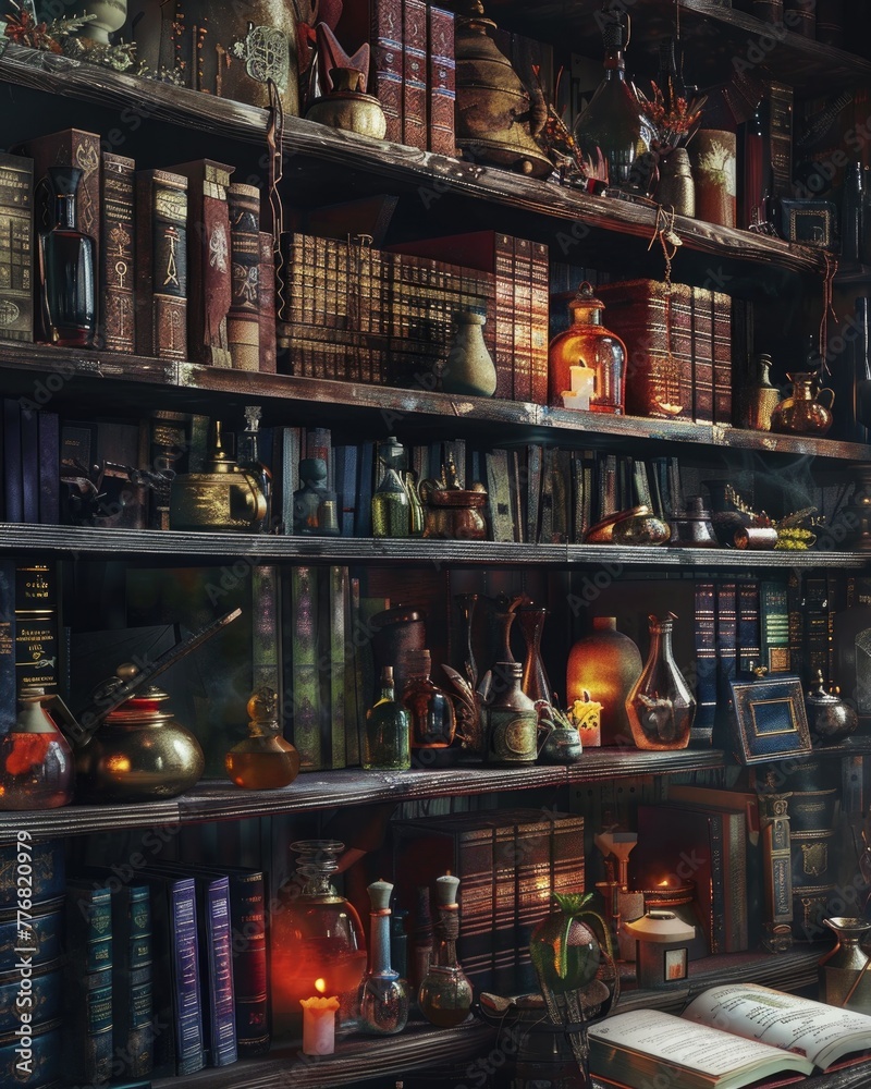 Moody shelves filled with ancient texts and random potions, in a hyper-realistic dark academia library