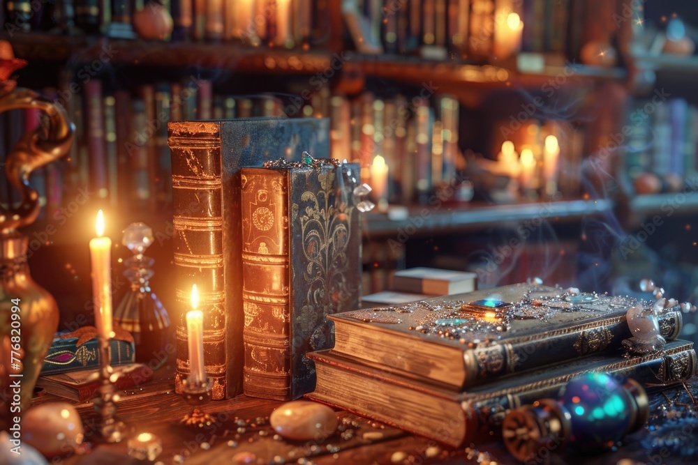 Old-world library atmosphere, books and potions cast in the glow of candlelight, hyper-realistic details