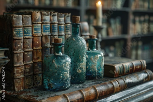 Moody, hyper-realistic scene of potion bottles hidden among aged leather books in a dark library