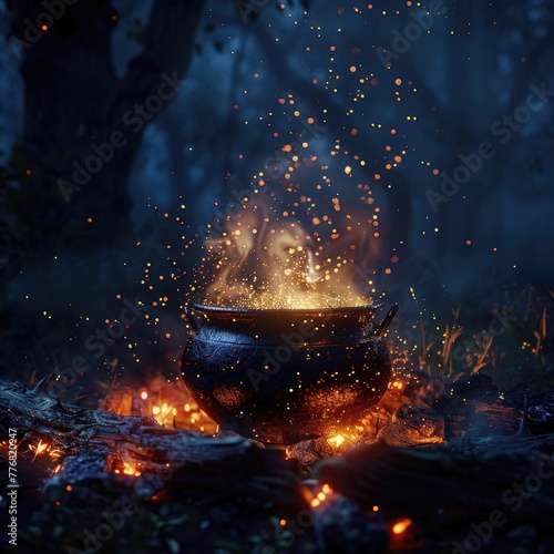 Moody, hyper-realistic cauldron on a rustic wood fire, magical sparks flying, in a dark, enchanted setting