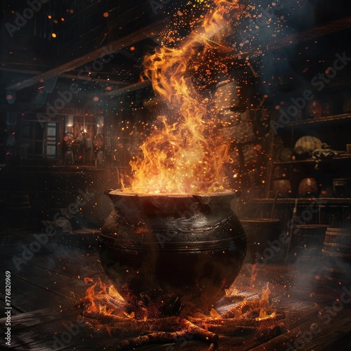 Moody, hyper-realistic cauldron on a rustic wood fire, magical sparks flying, in a dark, enchanted setting
