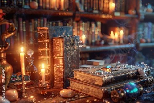 Old-world library atmosphere  books and potions cast in the glow of candlelight  hyper-realistic details